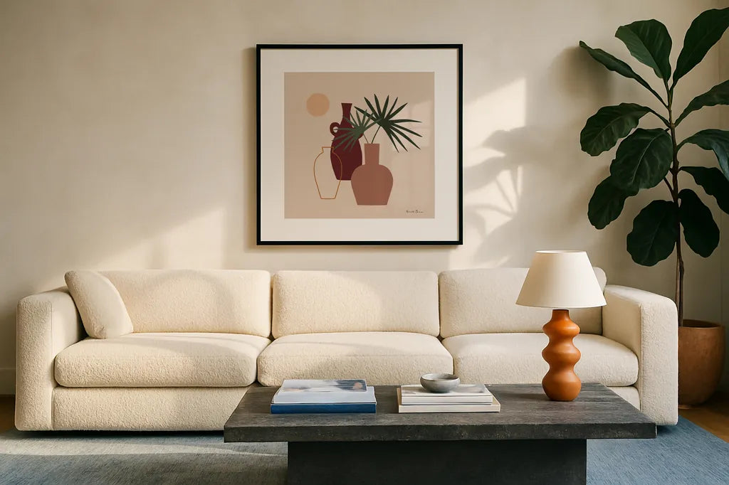 Mod Vessels I by Farida Zaman. Displayed in a glass frame with matte in a clean modern living room. Available as an archival giclee rolled canvas, fine art paper, or poster print. SKU 77711a.
