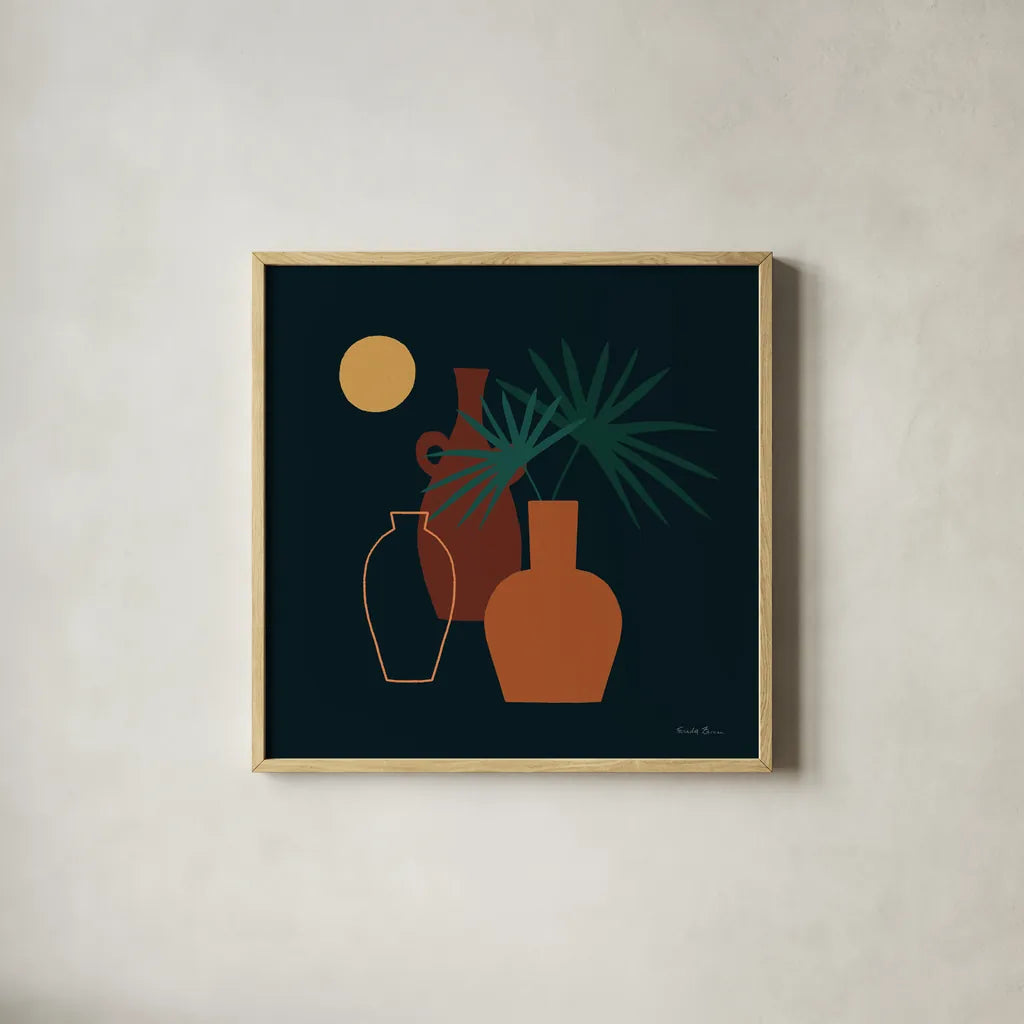 Mod Vessels I Regal by Farida Zaman. Shown in a natural wood glass frame for a timeless modern aesthetic. Available as an archival giclee rolled canvas, fine art paper, or poster print. SKU 81116a.