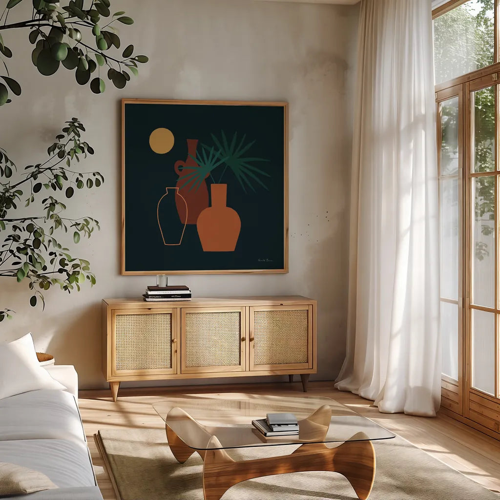 Mod Vessels I Regal by Farida Zaman. Shown in a natural wood frame in a cozy modern living room. Available as an archival giclee rolled canvas, fine art paper, or poster print. SKU 81116a.