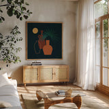 Mod Vessels I Regal by Farida Zaman. Shown in a natural wood frame in a cozy modern living room. Available as an archival giclee rolled canvas, fine art paper, or poster print. SKU 81116a.