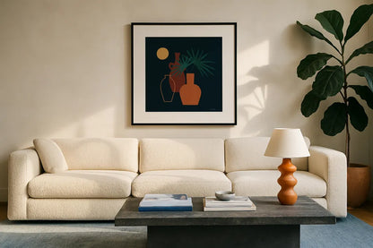 Mod Vessels I Regal by Farida Zaman. Displayed in a glass frame with matte in a clean modern living room. Available as an archival giclee rolled canvas, fine art paper, or poster print. SKU 81116a.