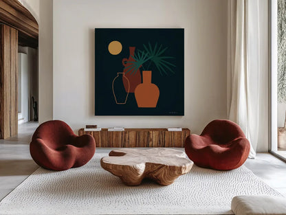 Mod Vessels I Regal by Farida Zaman. Shown as extra-large giant wall art in a modern living room. Available as an archival giclee rolled canvas, fine art paper, or poster print. SKU 81116a.