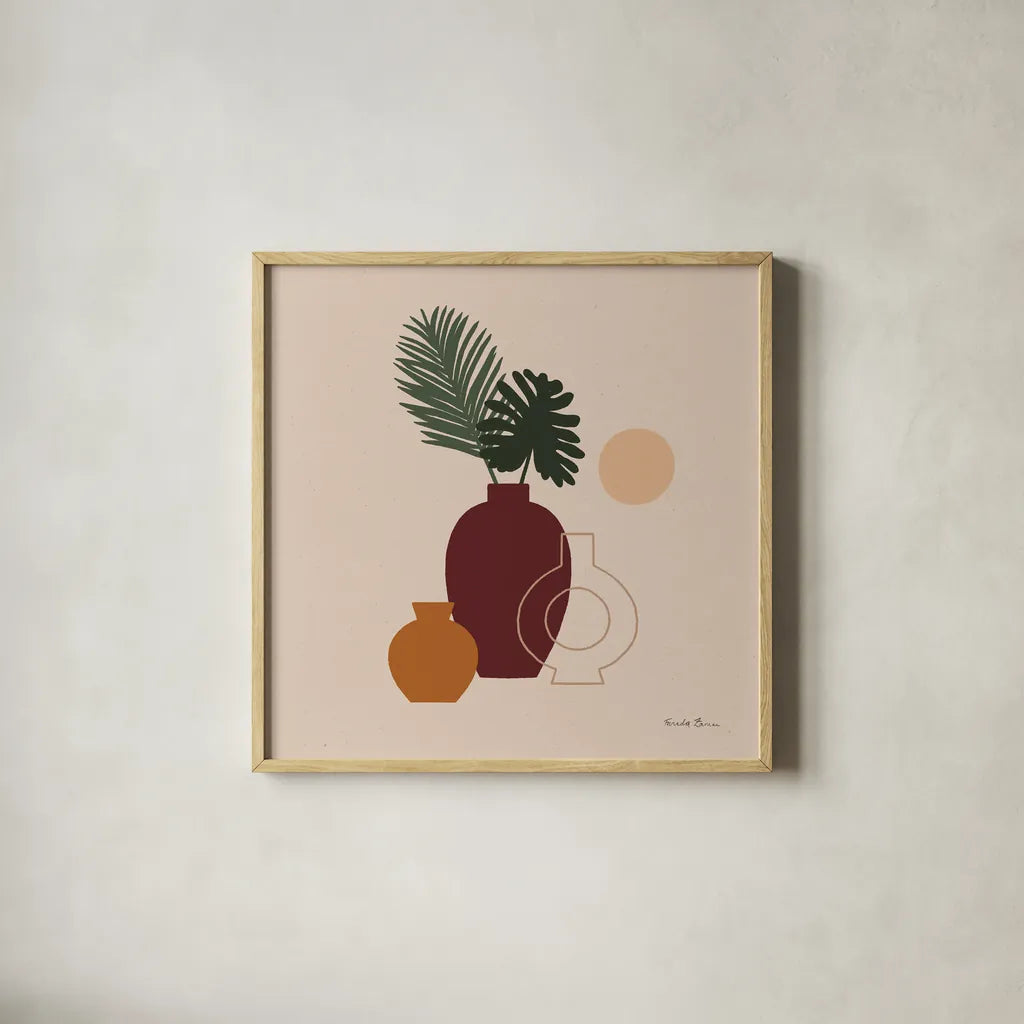 Mod Vessels II by Farida Zaman. Shown in a natural wood glass frame for a timeless modern aesthetic. Available as an archival giclee rolled canvas, fine art paper, or poster print. SKU 77712a.