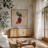 Mod Vessels II by Farida Zaman. Shown in a natural wood frame in a cozy modern living room. Available as an archival giclee rolled canvas, fine art paper, or poster print. SKU 77712a.