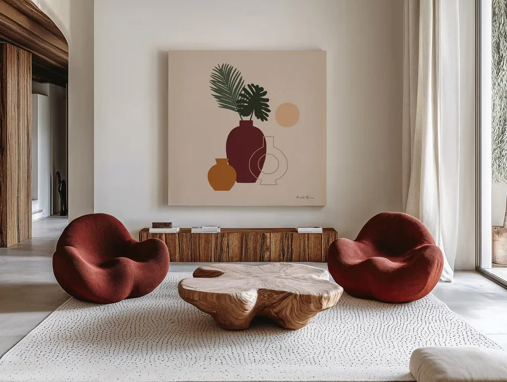 Mod Vessels II by Farida Zaman. Shown as extra-large giant wall art in a modern living room. Available as an archival giclee rolled canvas, fine art paper, or poster print. SKU 77712a.