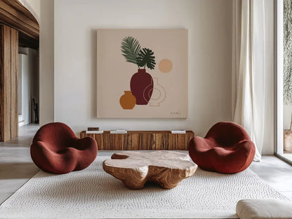 Mod Vessels II by Farida Zaman. Shown as extra-large giant wall art in a modern living room. Available as an archival giclee rolled canvas, fine art paper, or poster print. SKU 77712a.