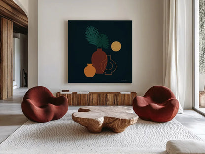 Mod Vessels II Regal by Farida Zaman. Shown as extra-large giant wall art in a modern living room. Available as an archival giclee rolled canvas, fine art paper, or poster print. SKU 81117a.