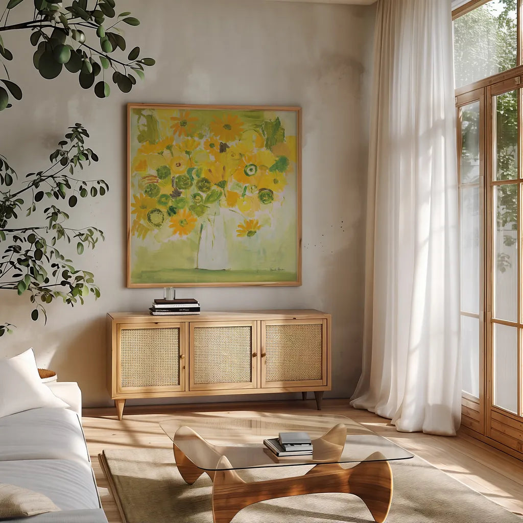 Morning Glow by Farida Zaman. Shown in a natural wood frame in a cozy modern living room. Available as an archival giclee rolled canvas, fine art paper, or poster print. SKU 38701a.