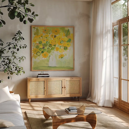 Morning Glow by Farida Zaman. Shown in a natural wood frame in a cozy modern living room. Available as an archival giclee rolled canvas, fine art paper, or poster print. SKU 38701a.