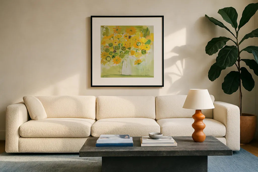 Morning Glow by Farida Zaman. Displayed in a glass frame with matte in a clean modern living room. Available as an archival giclee rolled canvas, fine art paper, or poster print. SKU 38701a.