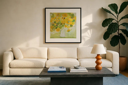 Morning Glow by Farida Zaman. Displayed in a glass frame with matte in a clean modern living room. Available as an archival giclee rolled canvas, fine art paper, or poster print. SKU 38701a.
