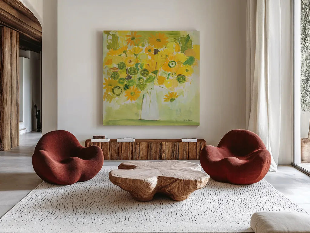Morning Glow by Farida Zaman. Shown as extra-large giant wall art in a modern living room. Available as an archival giclee rolled canvas, fine art paper, or poster print. SKU 38701a.