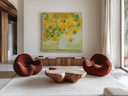 Morning Glow by Farida Zaman. Shown as extra-large giant wall art in a modern living room. Available as an archival giclee rolled canvas, fine art paper, or poster print. SKU 38701a.