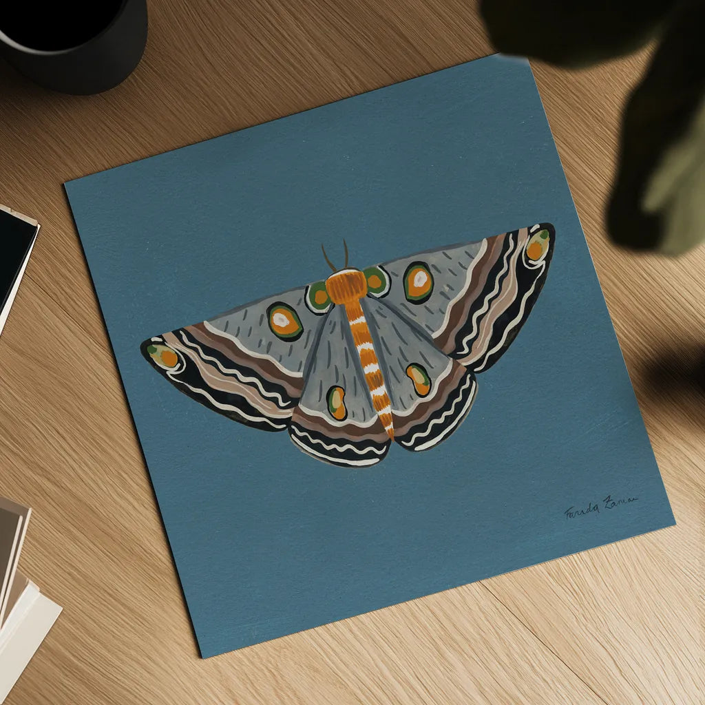 Moth I Sq by Farida Zaman. Shown as a detailed flat fine art print, highlighting archival giclee quality. Available as an archival giclee rolled canvas, fine art paper, or poster print. SKU 86556a.