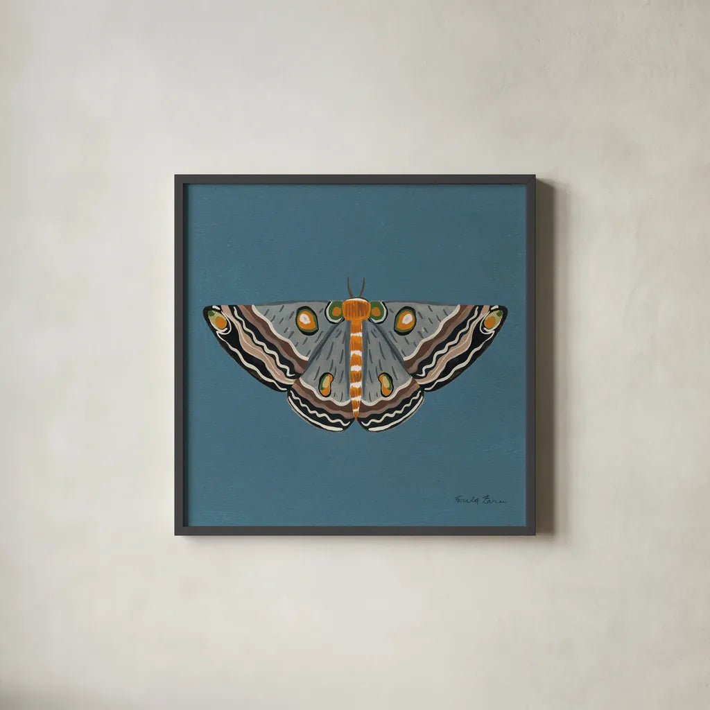 Moth I Sq by Farida Zaman. Shown in a sleek black glass frame for a contemporary gallery look. Available as an archival giclee rolled canvas, fine art paper, or poster print. SKU 86556a.