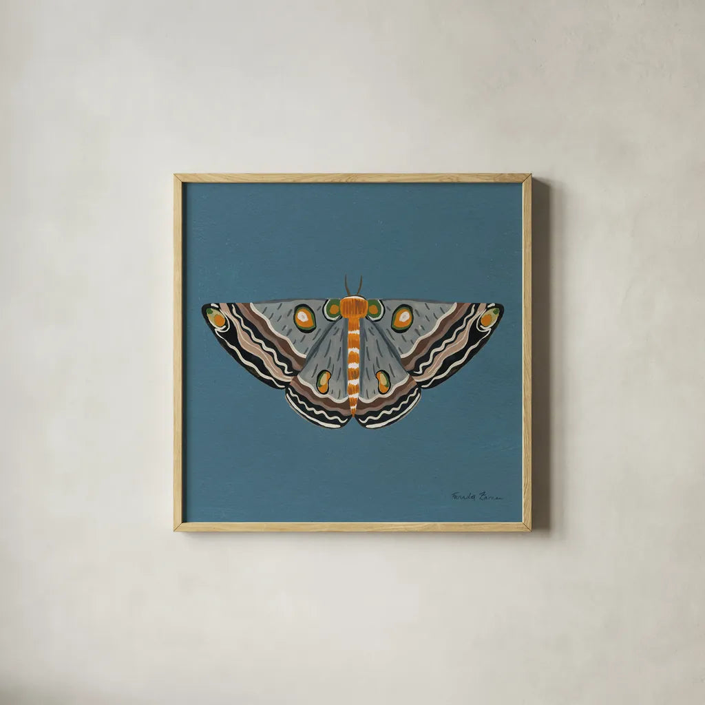 Moth I Sq by Farida Zaman. Shown in a natural wood glass frame for a timeless modern aesthetic. Available as an archival giclee rolled canvas, fine art paper, or poster print. SKU 86556a.