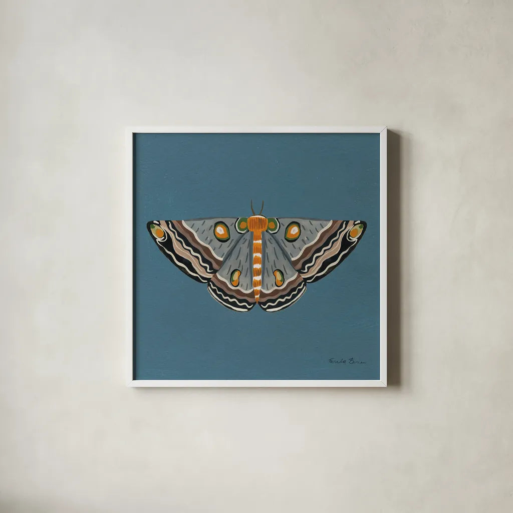Moth I Sq by Farida Zaman. Shown in a crisp white glass frame for a clean and minimalist style. Available as an archival giclee rolled canvas, fine art paper, or poster print. SKU 86556a.
