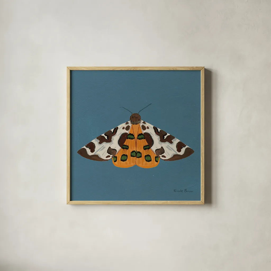 Moth II Sq by Farida Zaman. Shown in a natural wood glass frame for a timeless modern aesthetic. Available as an archival giclee rolled canvas, fine art paper, or poster print. SKU 86557a.