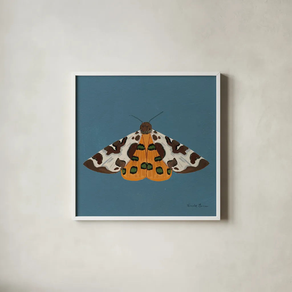 Moth II Sq by Farida Zaman. Shown in a crisp white glass frame for a clean and minimalist style. Available as an archival giclee rolled canvas, fine art paper, or poster print. SKU 86557a.