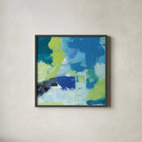 Mountain Reflection II by Farida Zaman. Shown in a sleek black glass frame for a contemporary gallery look. Available as an archival giclee rolled canvas, fine art paper, or poster print. SKU 35417a.