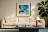 Mountain Reflection II by Farida Zaman. Displayed in a glass frame with matte in a clean modern living room. Available as an archival giclee rolled canvas, fine art paper, or poster print. SKU 35417a.