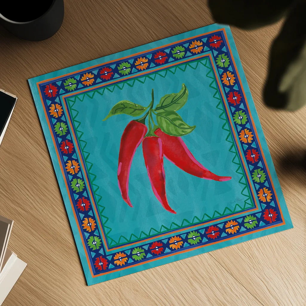 Mucho Caliente I by Farida Zaman. Shown as a detailed flat fine art print, highlighting archival giclee quality. Available as an archival giclee rolled canvas, fine art paper, or poster print. SKU 78249a.