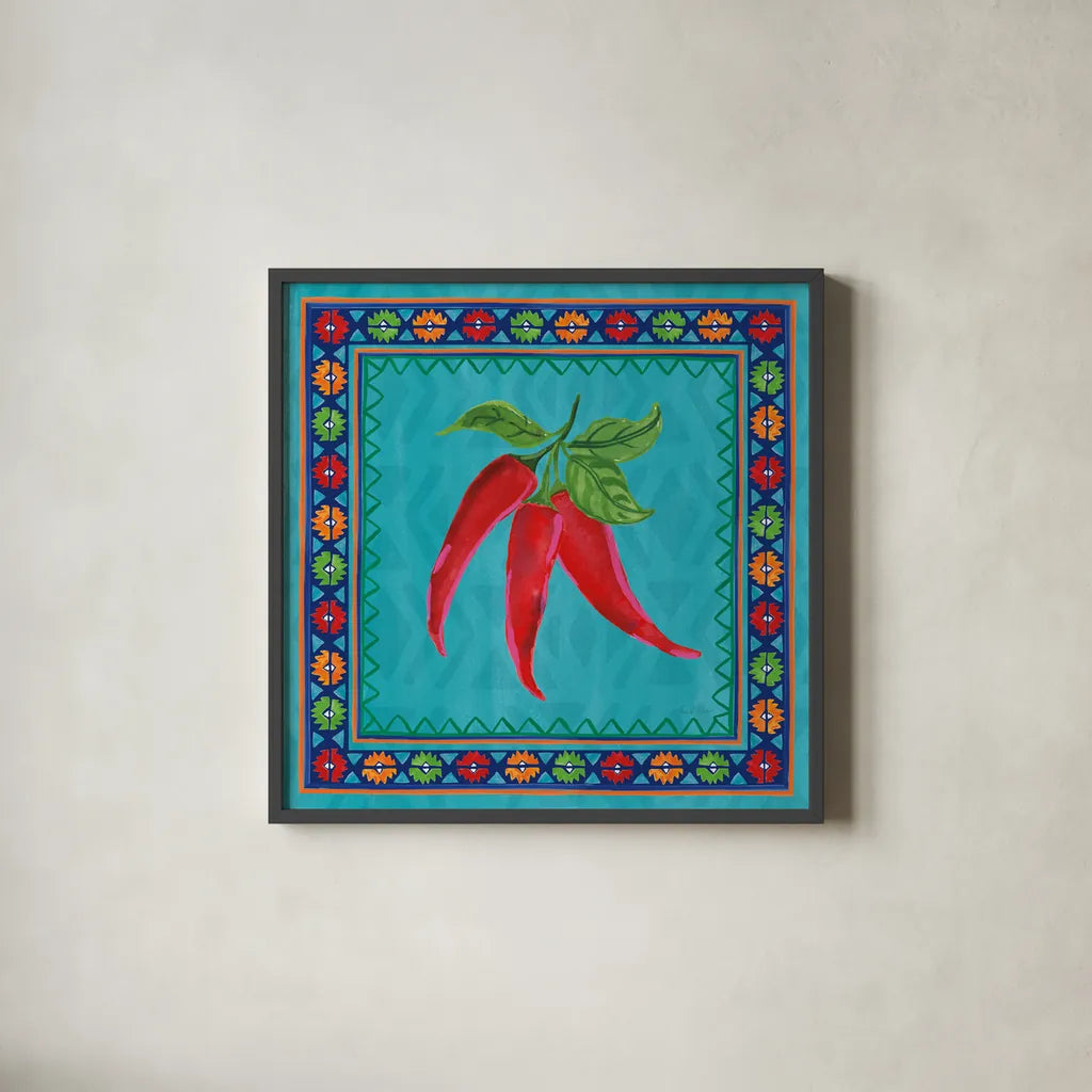 Mucho Caliente I by Farida Zaman. Shown in a sleek black glass frame for a contemporary gallery look. Available as an archival giclee rolled canvas, fine art paper, or poster print. SKU 78249a.