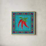 Mucho Caliente I by Farida Zaman. Shown in a natural wood glass frame for a timeless modern aesthetic. Available as an archival giclee rolled canvas, fine art paper, or poster print. SKU 78249a.