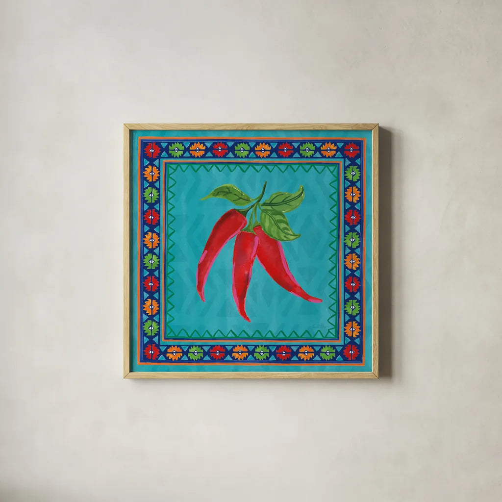 Mucho Caliente I by Farida Zaman. Shown in a natural wood glass frame for a timeless modern aesthetic. Available as an archival giclee rolled canvas, fine art paper, or poster print. SKU 78249a.