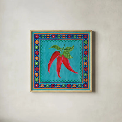 Mucho Caliente I by Farida Zaman. Shown in a natural wood glass frame for a timeless modern aesthetic. Available as an archival giclee rolled canvas, fine art paper, or poster print. SKU 78249a.