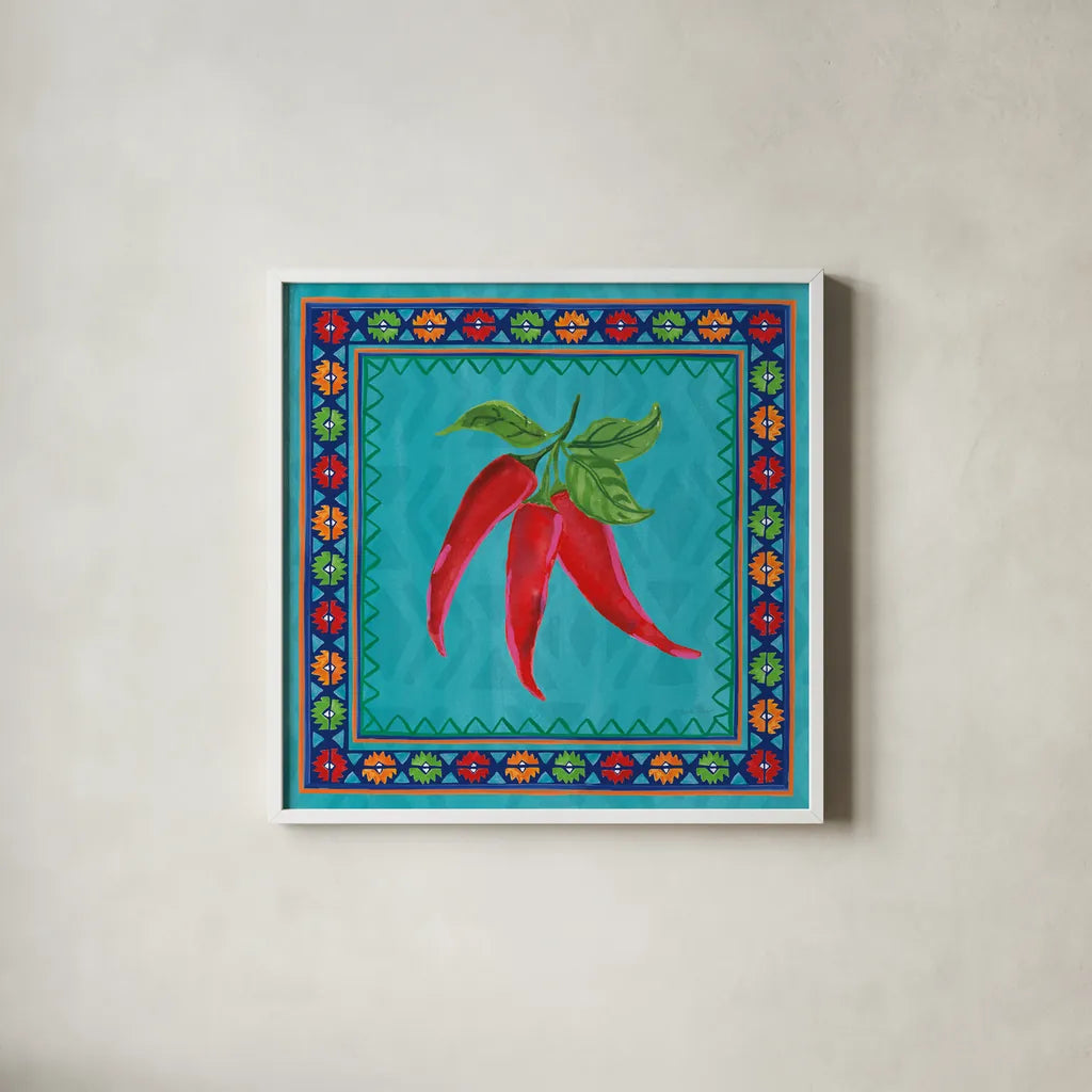 Mucho Caliente I by Farida Zaman. Shown in a crisp white glass frame for a clean and minimalist style. Available as an archival giclee rolled canvas, fine art paper, or poster print. SKU 78249a.