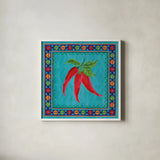 Mucho Caliente I by Farida Zaman. Shown in a crisp white glass frame for a clean and minimalist style. Available as an archival giclee rolled canvas, fine art paper, or poster print. SKU 78249a.