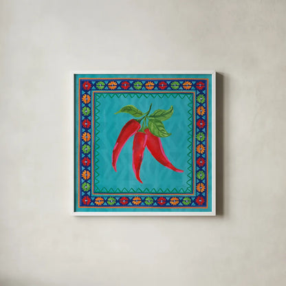 Mucho Caliente I by Farida Zaman. Shown in a crisp white glass frame for a clean and minimalist style. Available as an archival giclee rolled canvas, fine art paper, or poster print. SKU 78249a.