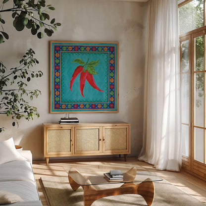 Mucho Caliente I by Farida Zaman. Shown in a natural wood frame in a cozy modern living room. Available as an archival giclee rolled canvas, fine art paper, or poster print. SKU 78249a.