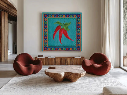 Mucho Caliente I by Farida Zaman. Shown as extra-large giant wall art in a modern living room. Available as an archival giclee rolled canvas, fine art paper, or poster print. SKU 78249a.