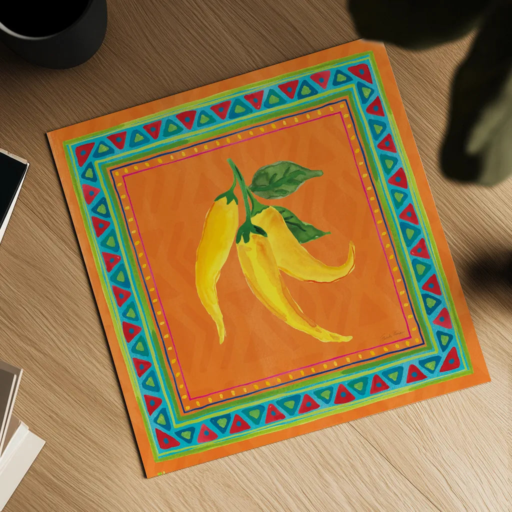 Mucho Caliente II by Farida Zaman. Shown as a detailed flat fine art print, highlighting archival giclee quality. Available as an archival giclee rolled canvas, fine art paper, or poster print. SKU 78250a.