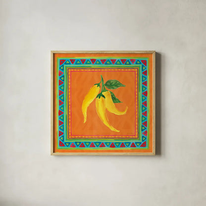 Mucho Caliente II by Farida Zaman. Shown in a natural wood glass frame for a timeless modern aesthetic. Available as an archival giclee rolled canvas, fine art paper, or poster print. SKU 78250a.