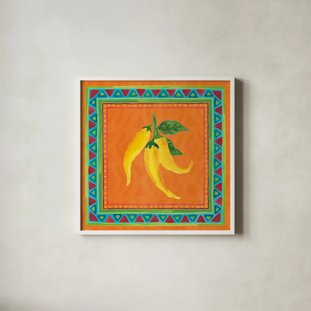 Mucho Caliente II by Farida Zaman. Shown in a crisp white glass frame for a clean and minimalist style. Available as an archival giclee rolled canvas, fine art paper, or poster print. SKU 78250a.