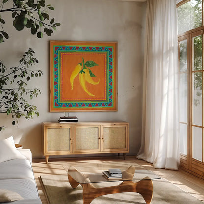 Mucho Caliente II by Farida Zaman. Shown in a natural wood frame in a cozy modern living room. Available as an archival giclee rolled canvas, fine art paper, or poster print. SKU 78250a.