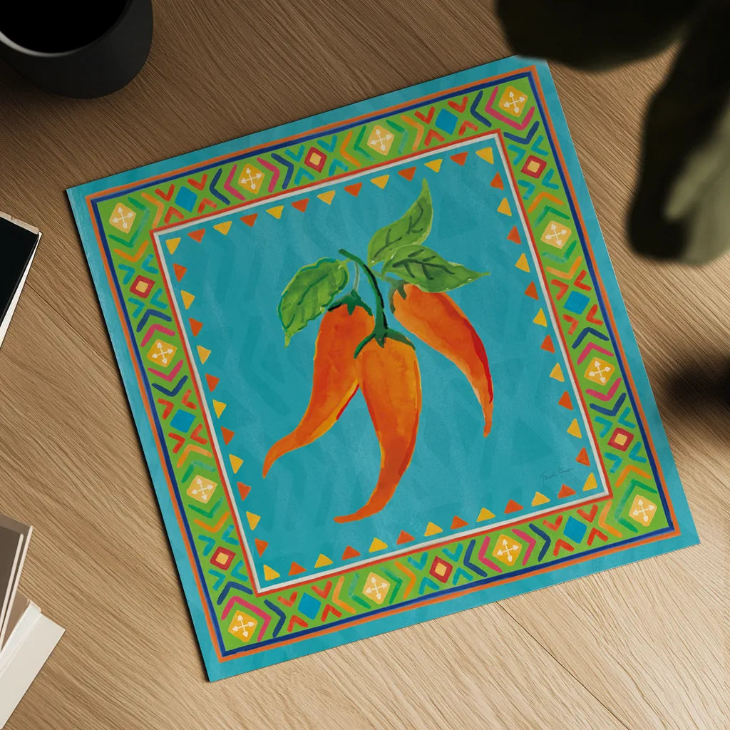 Mucho Caliente III by Farida Zaman. Shown as a detailed flat fine art print, highlighting archival giclee quality. Available as an archival giclee rolled canvas, fine art paper, or poster print. SKU 78251a.