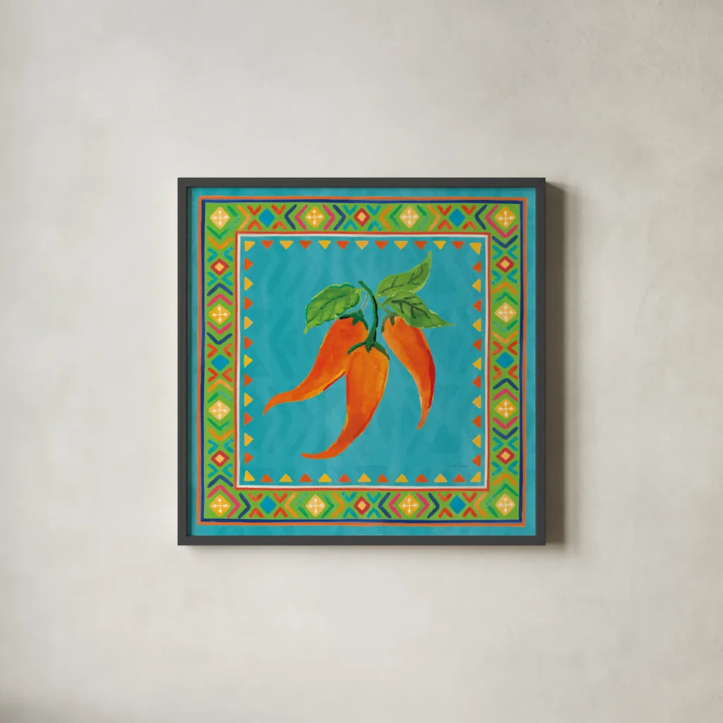 Mucho Caliente III by Farida Zaman. Shown in a sleek black glass frame for a contemporary gallery look. Available as an archival giclee rolled canvas, fine art paper, or poster print. SKU 78251a.