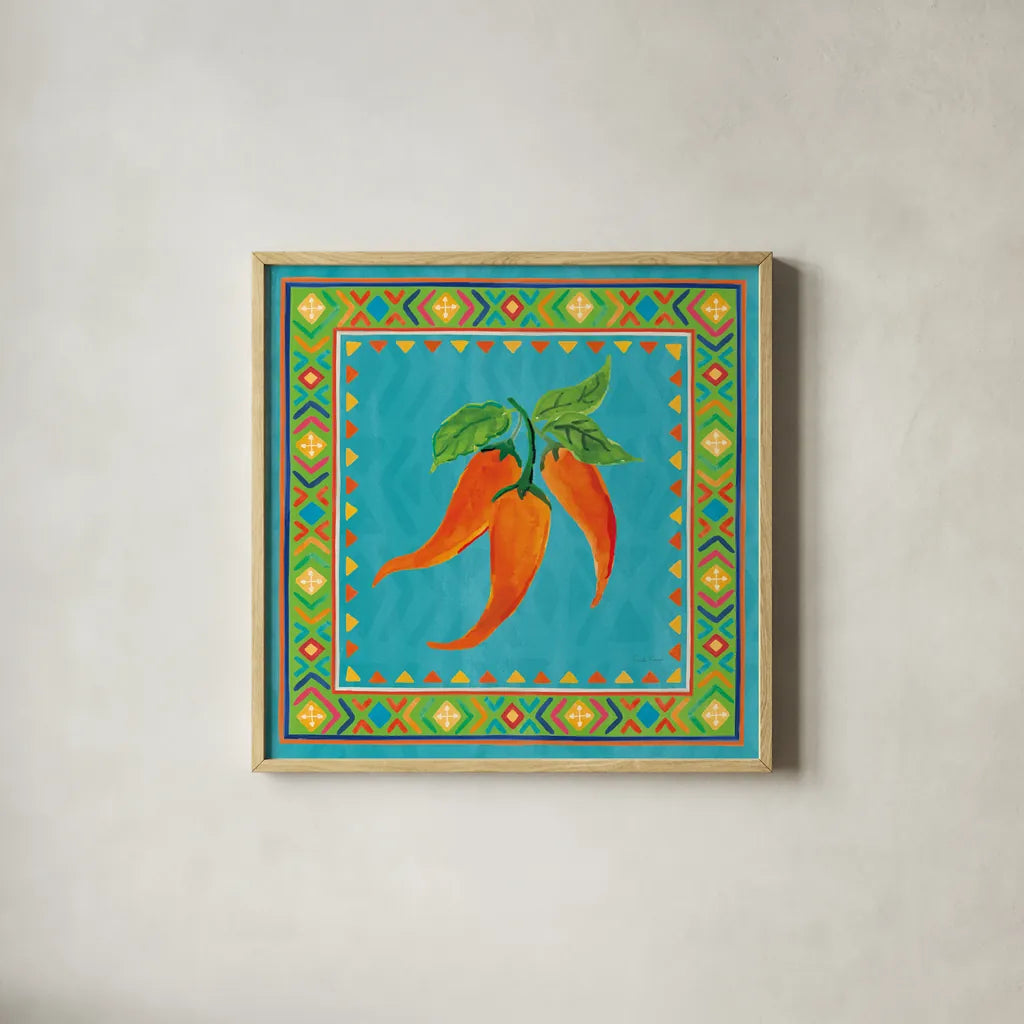 Mucho Caliente III by Farida Zaman. Shown in a natural wood glass frame for a timeless modern aesthetic. Available as an archival giclee rolled canvas, fine art paper, or poster print. SKU 78251a.