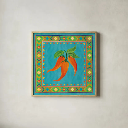 Mucho Caliente III by Farida Zaman. Shown in a natural wood glass frame for a timeless modern aesthetic. Available as an archival giclee rolled canvas, fine art paper, or poster print. SKU 78251a.