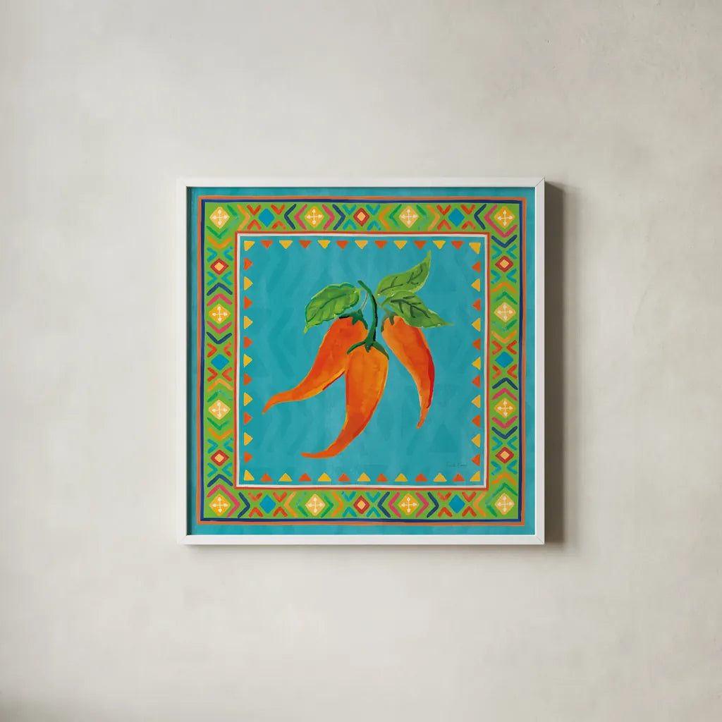 Mucho Caliente III by Farida Zaman. Shown in a crisp white glass frame for a clean and minimalist style. Available as an archival giclee rolled canvas, fine art paper, or poster print. SKU 78251a.