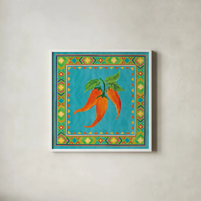 Mucho Caliente III by Farida Zaman. Shown in a crisp white glass frame for a clean and minimalist style. Available as an archival giclee rolled canvas, fine art paper, or poster print. SKU 78251a.