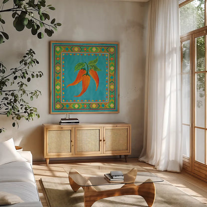 Mucho Caliente III by Farida Zaman. Shown in a natural wood frame in a cozy modern living room. Available as an archival giclee rolled canvas, fine art paper, or poster print. SKU 78251a.