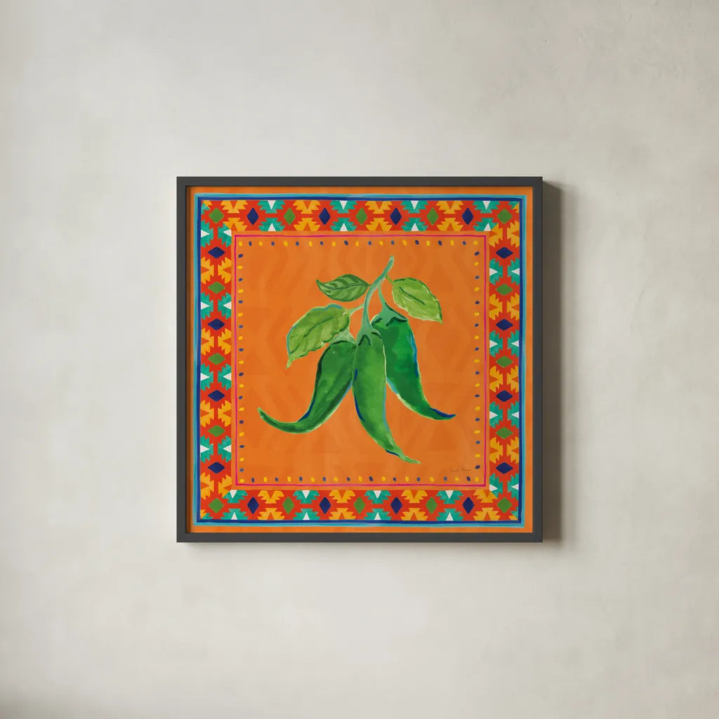 Mucho Caliente IV by Farida Zaman. Shown in a sleek black glass frame for a contemporary gallery look. Available as an archival giclee rolled canvas, fine art paper, or poster print. SKU 78252a.