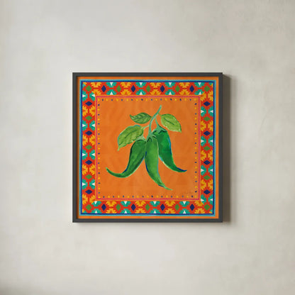 Mucho Caliente IV by Farida Zaman. Shown in a sleek black glass frame for a contemporary gallery look. Available as an archival giclee rolled canvas, fine art paper, or poster print. SKU 78252a.