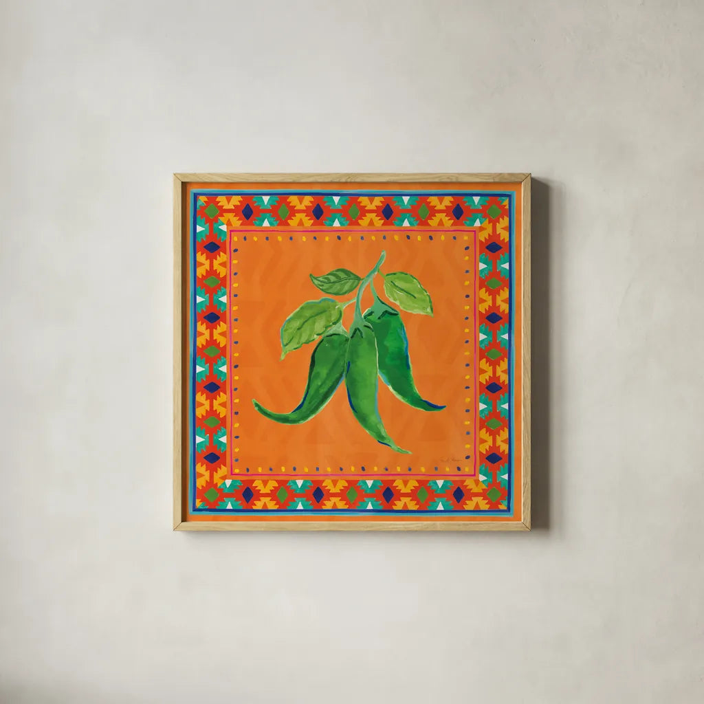 Mucho Caliente IV by Farida Zaman. Shown in a natural wood glass frame for a timeless modern aesthetic. Available as an archival giclee rolled canvas, fine art paper, or poster print. SKU 78252a.