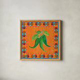 Mucho Caliente IV by Farida Zaman. Shown in a natural wood glass frame for a timeless modern aesthetic. Available as an archival giclee rolled canvas, fine art paper, or poster print. SKU 78252a.